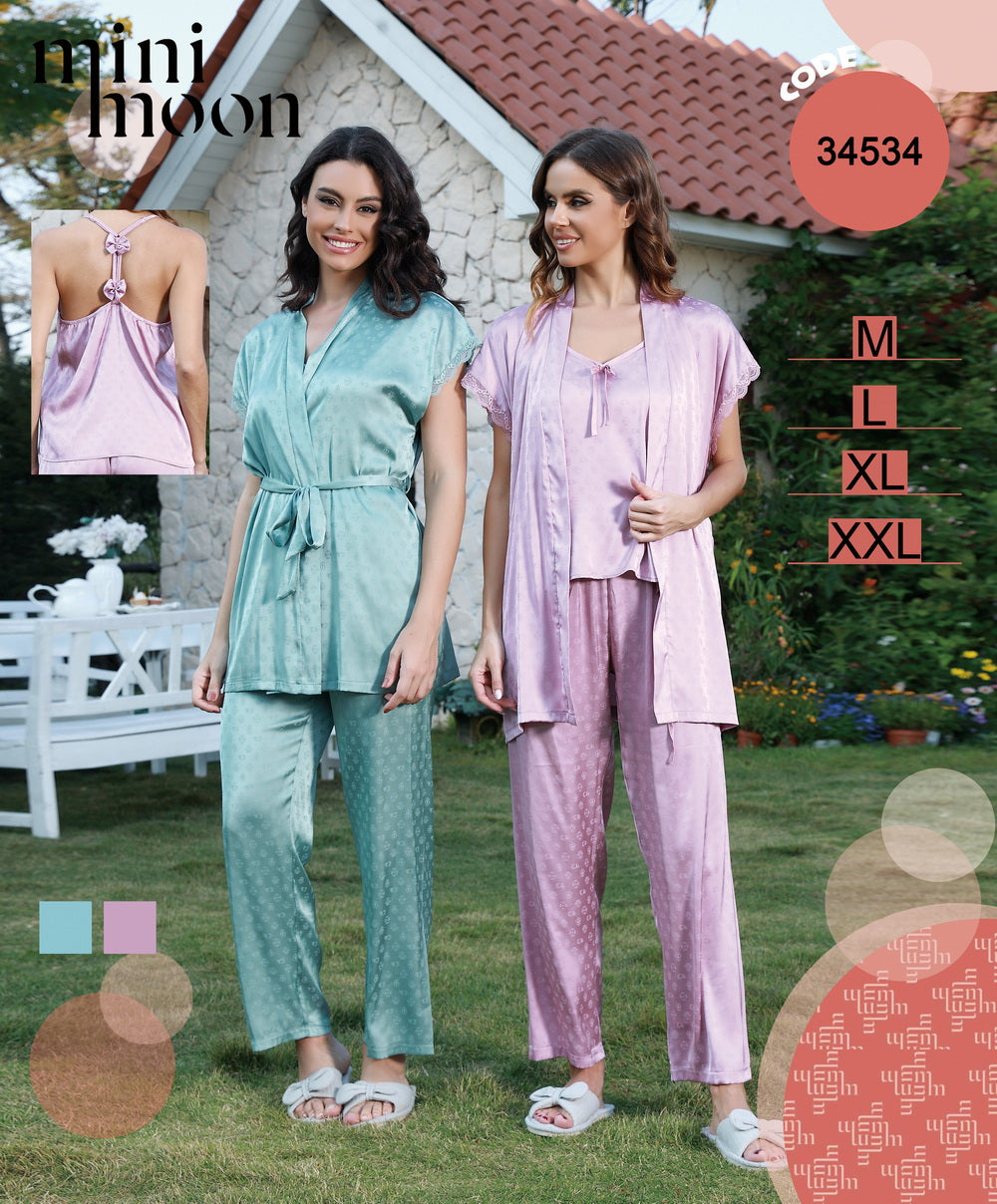 Satin Pajamas 3Pcs - 34534